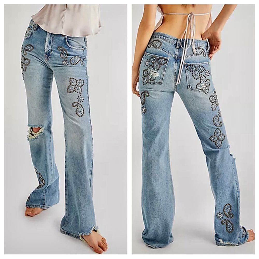 We the Free Wiley Embellished Slim Flare Jeans Studded Distressed Ripped 32